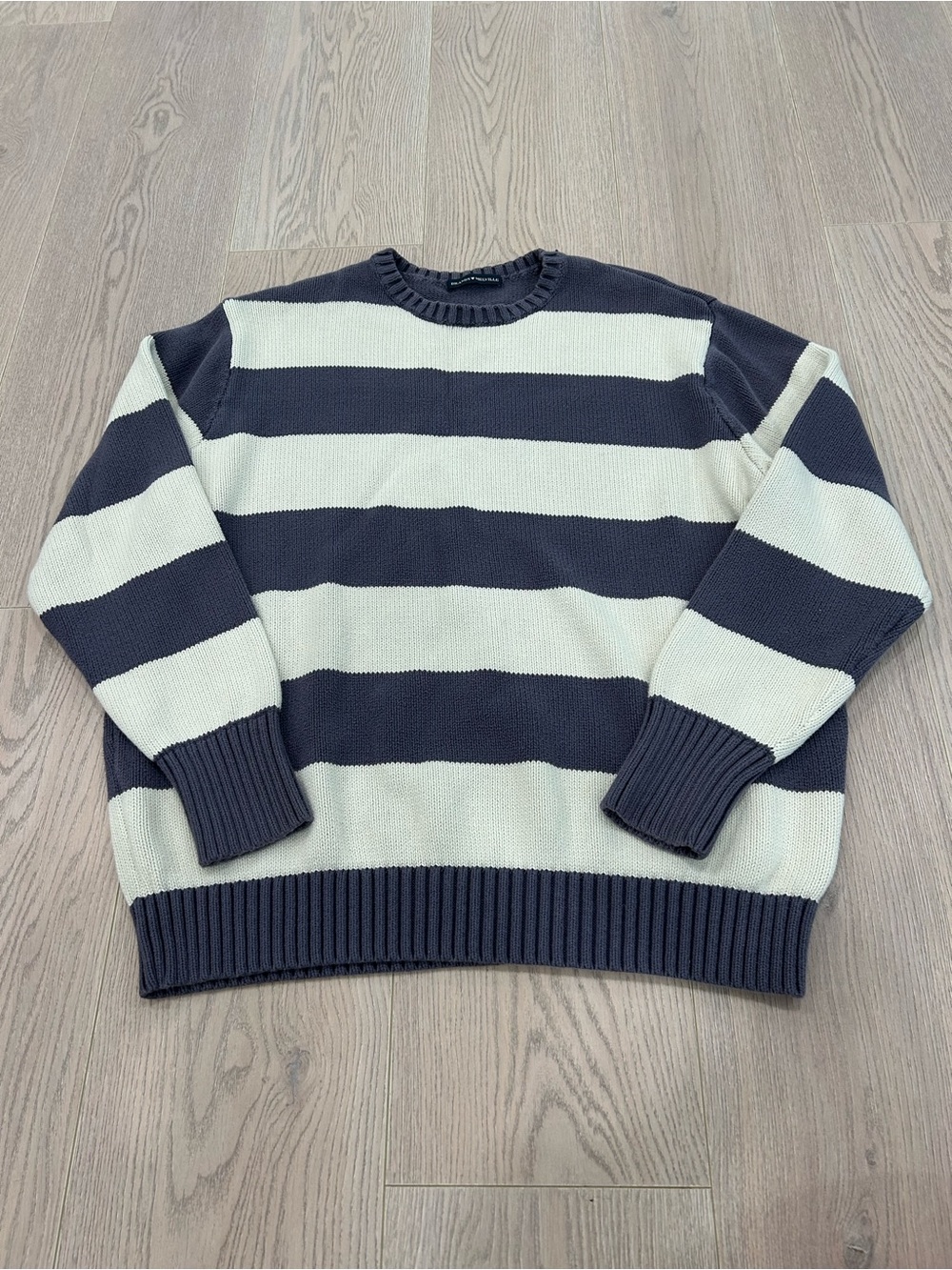 Brandy Melville Navy and Cream Striped Crewneck Sweater